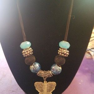 18" Handmade Black Leather Butterfly Necklace